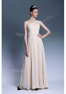 Hot Sale Champagne Chiffon Side Zipper One Shoulder Sleeveless Floor Length Beading and Ruching