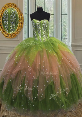 Multi-color Ball Gowns Sweetheart Sleeveless Tulle Floor Length Lace Up Beading and Ruffles and Sequins Quinceanera Dresses