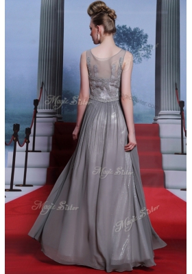 Scoop Sleeveless Floor Length Beading Side Zipper Homecoming Dress with Grey