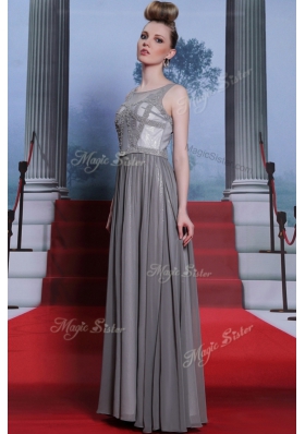 Scoop Sleeveless Floor Length Beading Side Zipper Homecoming Dress with Grey