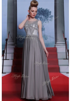 Scoop Sleeveless Floor Length Beading Side Zipper Homecoming Dress with Grey