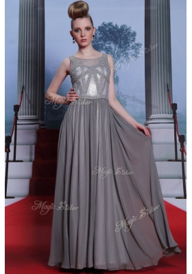 Scoop Sleeveless Floor Length Beading Side Zipper Homecoming Dress with Grey