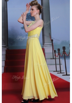 Scoop Yellow Sleeveless Floor Length Lace Side Zipper Prom Dress