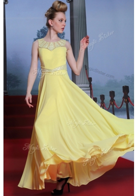 Scoop Yellow Sleeveless Floor Length Lace Side Zipper Prom Dress