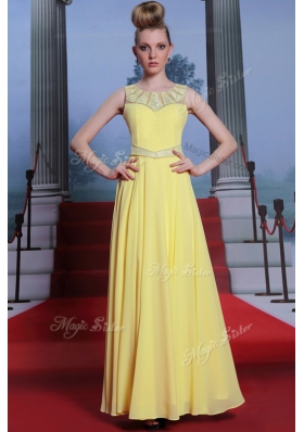 Scoop Yellow Sleeveless Floor Length Lace Side Zipper Prom Dress