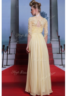 Spectacular Light Yellow Spaghetti Straps Zipper Lace and Ruching Prom Gown Half Sleeves