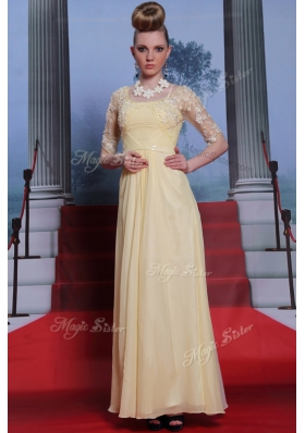 Spectacular Light Yellow Spaghetti Straps Zipper Lace and Ruching Prom Gown Half Sleeves