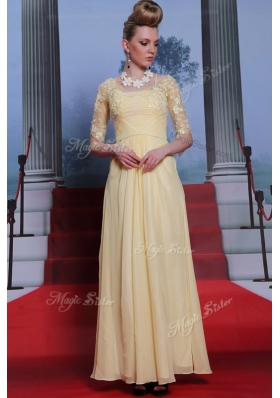 Spectacular Light Yellow Spaghetti Straps Zipper Lace and Ruching Prom Gown Half Sleeves