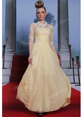 Spectacular Light Yellow Spaghetti Straps Zipper Lace and Ruching Prom Gown Half Sleeves