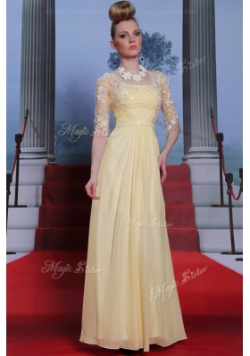 Spectacular Light Yellow Spaghetti Straps Zipper Lace and Ruching Prom Gown Half Sleeves