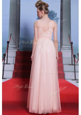 Sumptuous Baby Pink Column/Sheath Chiffon Scoop Sleeveless Lace Floor Length Side Zipper Dress for Prom