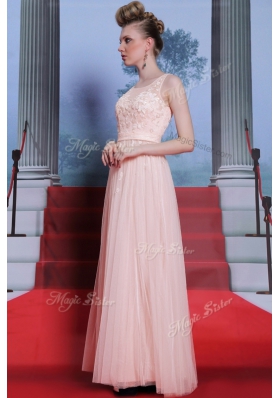 Sumptuous Baby Pink Column/Sheath Chiffon Scoop Sleeveless Lace Floor Length Side Zipper Dress for Prom