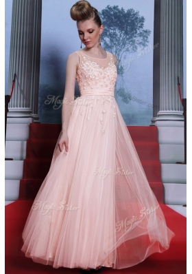 Sumptuous Baby Pink Column/Sheath Chiffon Scoop Sleeveless Lace Floor Length Side Zipper Dress for Prom