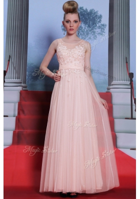 Sumptuous Baby Pink Column/Sheath Chiffon Scoop Sleeveless Lace Floor Length Side Zipper Dress for Prom