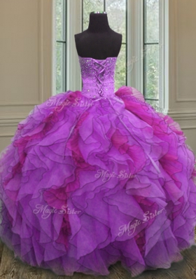 Sweet Floor Length Multi-color Quince Ball Gowns Organza Sleeveless Beading and Ruffles