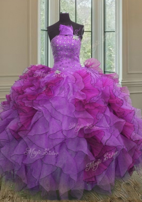 Sweet Floor Length Multi-color Quince Ball Gowns Organza Sleeveless Beading and Ruffles