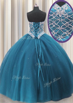 Three Piece Beading and Ruffles Quinceanera Dress Teal Lace Up Sleeveless Floor Length