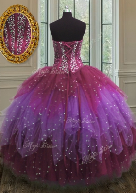 Three Piece Floor Length Multi-color Vestidos de Quinceanera Tulle Sleeveless Beading and Ruffles and Sequins