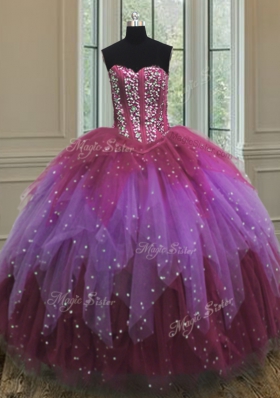Three Piece Floor Length Multi-color Vestidos de Quinceanera Tulle Sleeveless Beading and Ruffles and Sequins