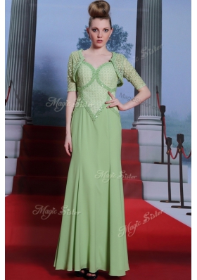 Traditional Olive Green Chiffon Side Zipper Spaghetti Straps Cap Sleeves Ankle Length Prom Dress Beading and Lace