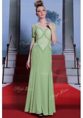 Traditional Olive Green Chiffon Side Zipper Spaghetti Straps Cap Sleeves Ankle Length Prom Dress Beading and Lace