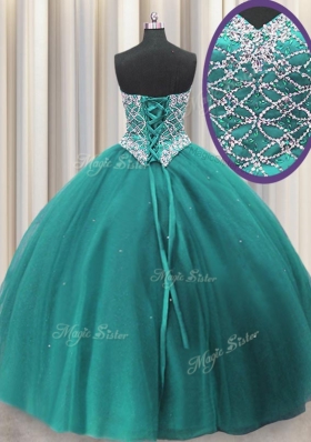 Traditional Three Piece Beading and Sequins Sweet 16 Quinceanera Dress Teal Lace Up Sleeveless Floor Length