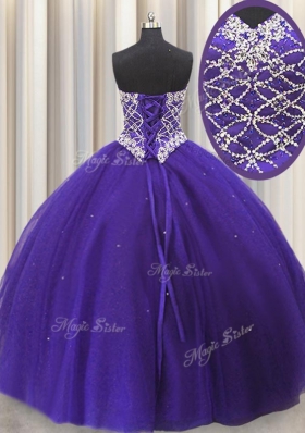 Trendy Three Piece Sweetheart Sleeveless Tulle 15 Quinceanera Dress Beading and Sequins Lace Up
