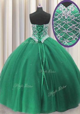 Comfortable Three Piece Green Ball Gowns Beading and Ruffles Sweet 16 Quinceanera Dress Lace Up Tulle Sleeveless Floor Length