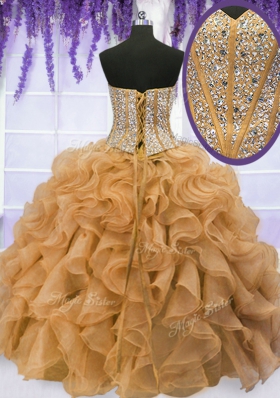 Custom Design Gold Ball Gowns Organza Sweetheart Sleeveless Beading and Ruffles Floor Length Lace Up Quinceanera Gowns