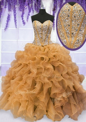 Custom Design Gold Ball Gowns Organza Sweetheart Sleeveless Beading and Ruffles Floor Length Lace Up Quinceanera Gowns