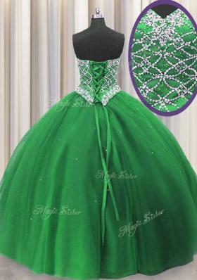 Flare Three Piece Green Tulle Lace Up Sweetheart Sleeveless Floor Length Sweet 16 Dresses Beading and Sequins