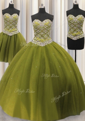 High Class Three Piece Tulle Sleeveless Floor Length Quinceanera Dress and Beading and Sequins
