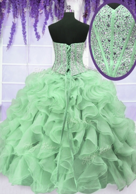 Modern Apple Green Organza Lace Up Sweetheart Sleeveless Floor Length Sweet 16 Quinceanera Dress Beading and Ruffles