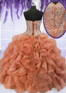 Rust Red Lace Up Sweetheart Beading and Ruffles Quinceanera Gown Organza Sleeveless