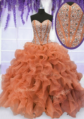 Rust Red Lace Up Sweetheart Beading and Ruffles Quinceanera Gown Organza Sleeveless