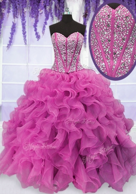 Spectacular Hot Pink Ball Gowns Beading and Ruffles Vestidos de Quinceanera Lace Up Organza Sleeveless Floor Length