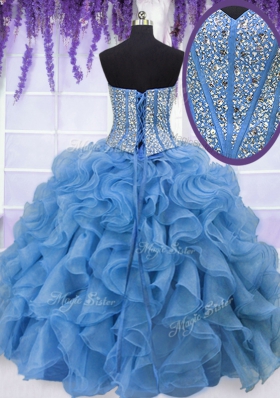 Superior Baby Blue Ball Gowns Beading and Ruffles Quince Ball Gowns Lace Up Organza Sleeveless Floor Length