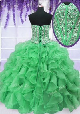 Sweetheart Sleeveless 15 Quinceanera Dress Floor Length Beading and Ruffles Green Organza