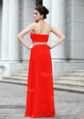 Adorable Coral Red Silk Like Satin Zipper Strapless Sleeveless Floor Length Dress for Prom Beading