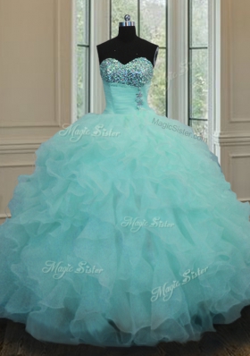 Aqua Blue Ball Gown Prom Dress Military Ball and Sweet 16 and Quinceanera and For with Beading and Ruffles Sweetheart Sleeveless Lace Up