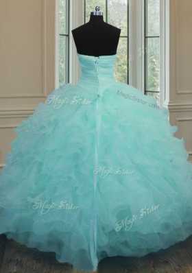 Aqua Blue Ball Gown Prom Dress Military Ball and Sweet 16 and Quinceanera and For with Beading and Ruffles Sweetheart Sleeveless Lace Up