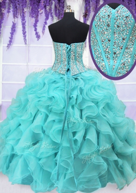 Aqua Blue Organza Lace Up Sweetheart Sleeveless Floor Length Ball Gown Prom Dress Beading and Ruffles
