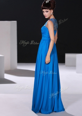 Artistic Scoop Beading and Ruching Dress for Prom Blue Zipper Sleeveless Floor Length