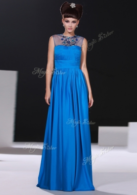 Artistic Scoop Beading and Ruching Dress for Prom Blue Zipper Sleeveless Floor Length