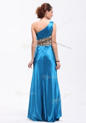 Baby Blue Side Zipper One Shoulder Ruching Evening Dress Elastic Woven Satin Sleeveless