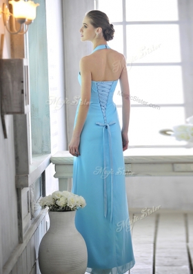 Beauteous Baby Blue Column/Sheath Chiffon Halter Top Sleeveless Ruffles and Ruching Ankle Length Lace Up Homecoming Dress Online