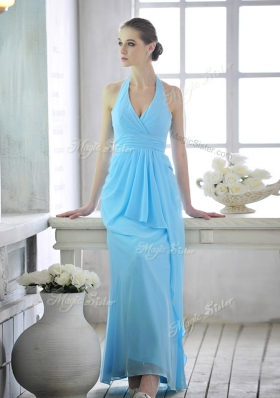 Beauteous Baby Blue Column/Sheath Chiffon Halter Top Sleeveless Ruffles and Ruching Ankle Length Lace Up Homecoming Dress Online