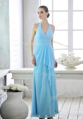 Beauteous Baby Blue Column/Sheath Chiffon Halter Top Sleeveless Ruffles and Ruching Ankle Length Lace Up Homecoming Dress Online