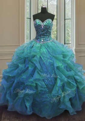 Blue Organza Lace Up Quinceanera Gown Sleeveless Floor Length Beading and Ruffles