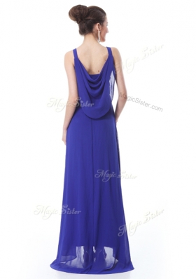 Blue Sleeveless With Train Beading and Ruching Side Zipper Evening Dress